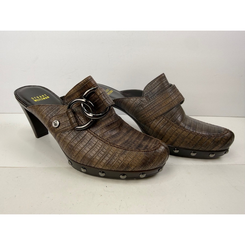 Stuart Weitzman Brown Croc Embossed Leather Studded Buckle Mules Size 7.5M